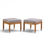 Founders Style Mid Century Oak Rolling Upholstered Stools - Pair