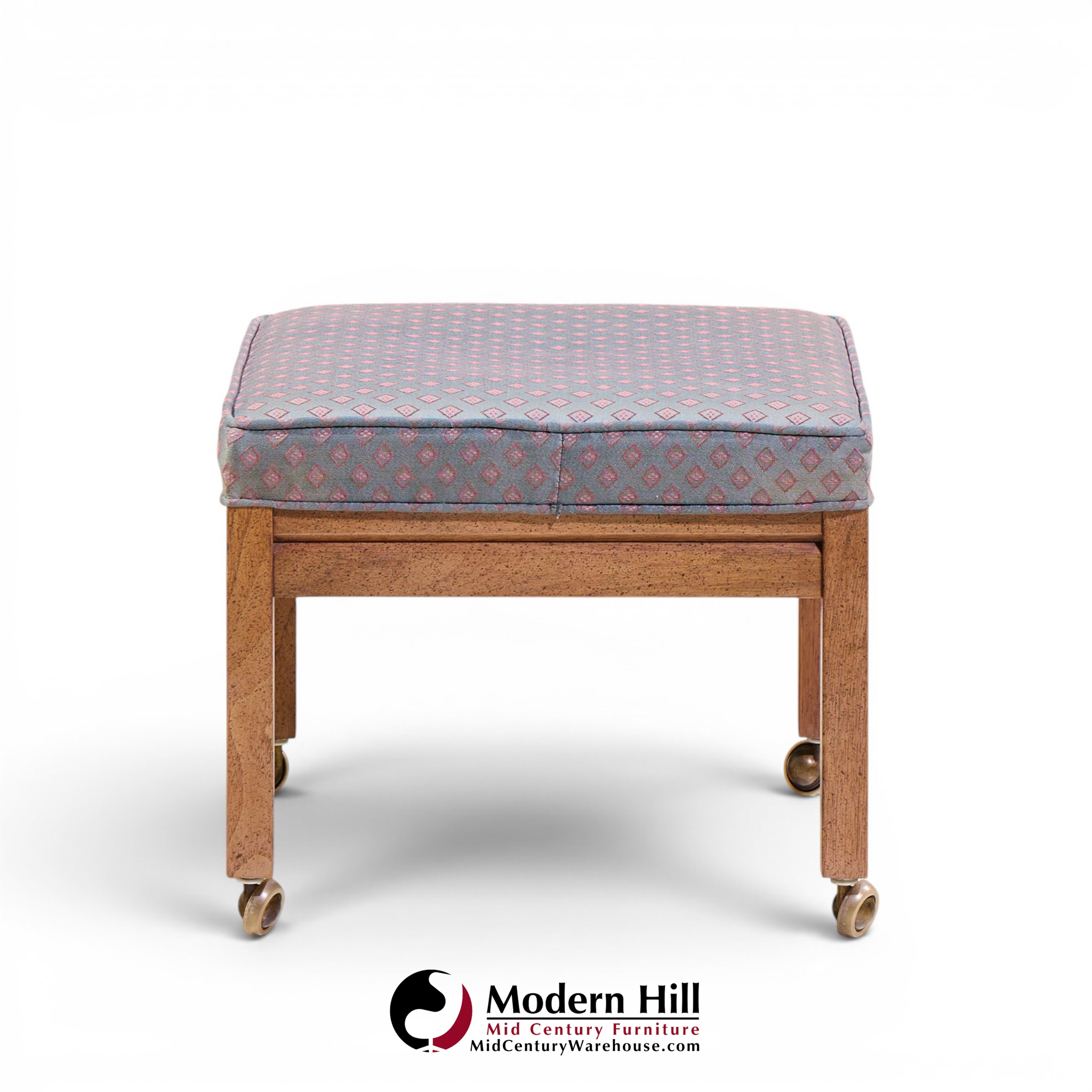 Founders Style Mid Century Oak Rolling Upholstered Stools - Pair