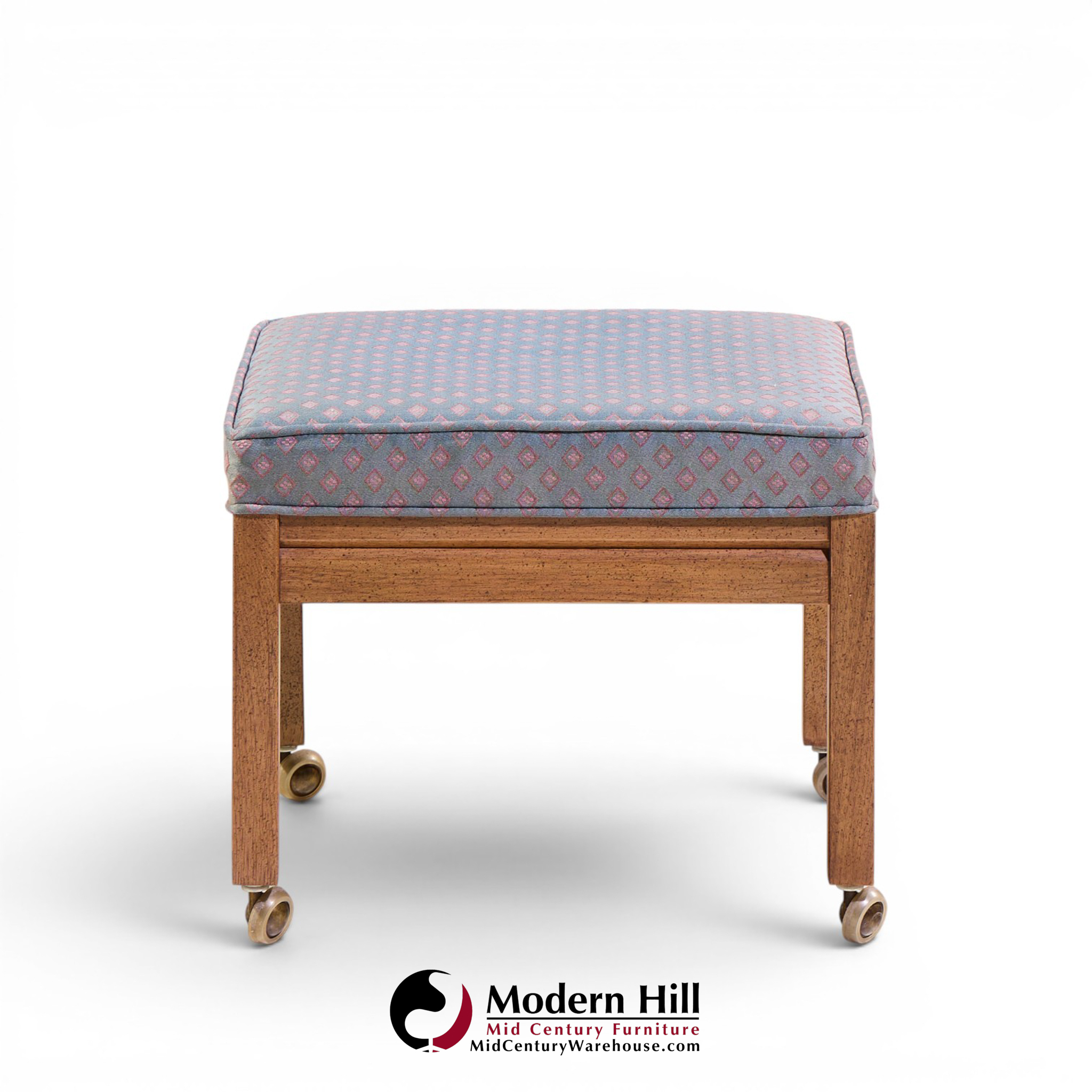 Founders Style Mid Century Oak Rolling Upholstered Stools - Pair