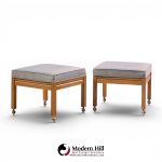 Founders Style Mid Century Oak Rolling Upholstered Stools - Pair