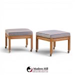 Founders Style Mid Century Oak Rolling Upholstered Stools - Pair