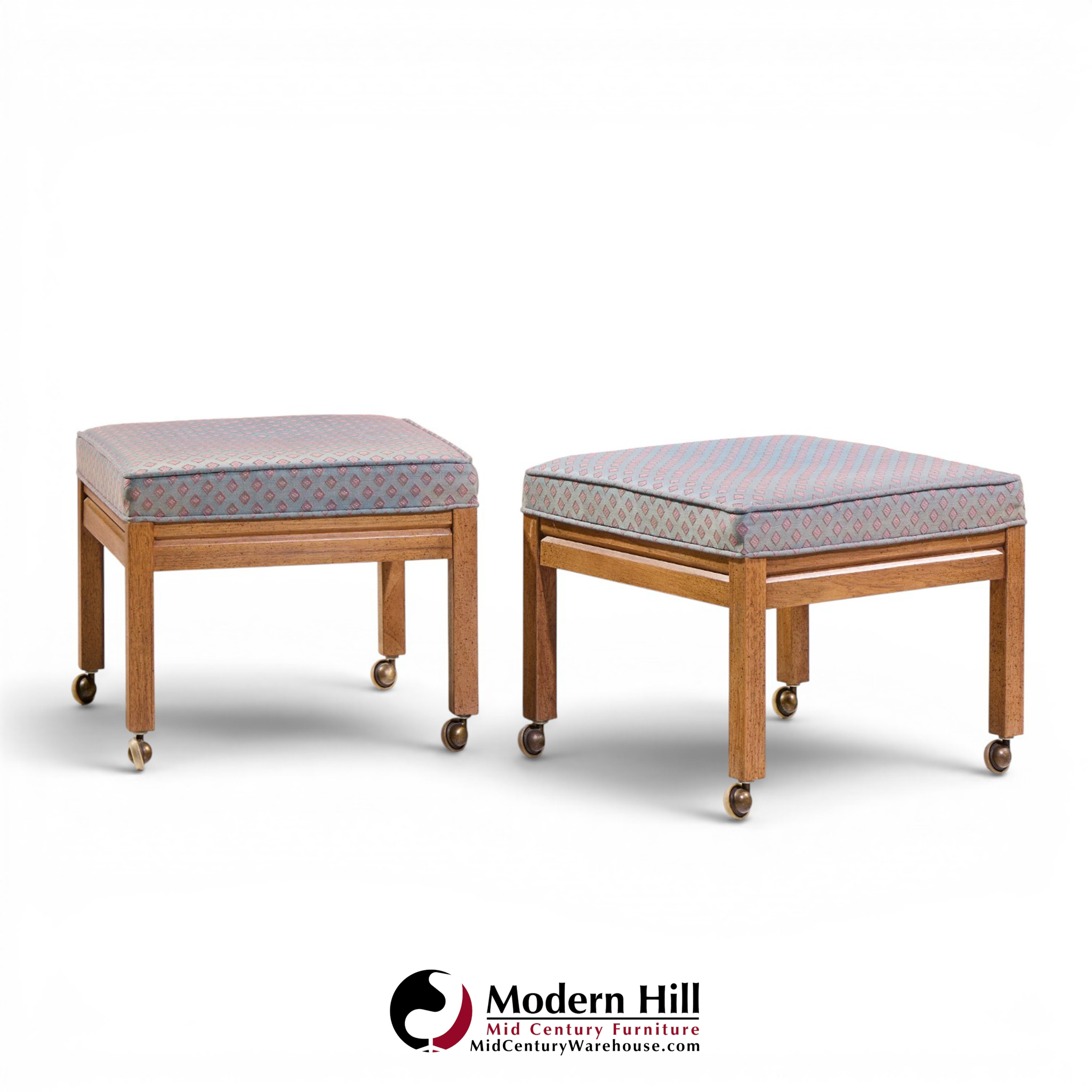 Founders Style Mid Century Oak Rolling Upholstered Stools - Pair