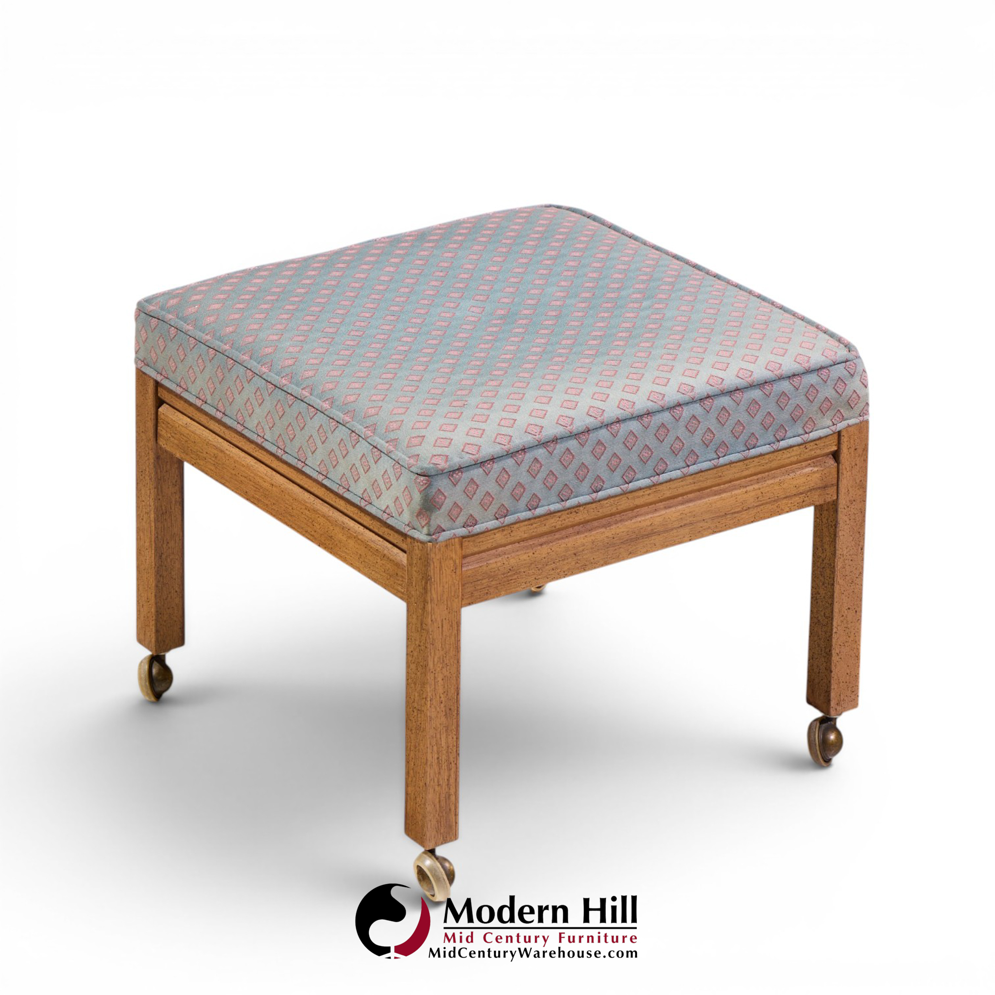 Founders Style Mid Century Oak Rolling Upholstered Stools - Pair