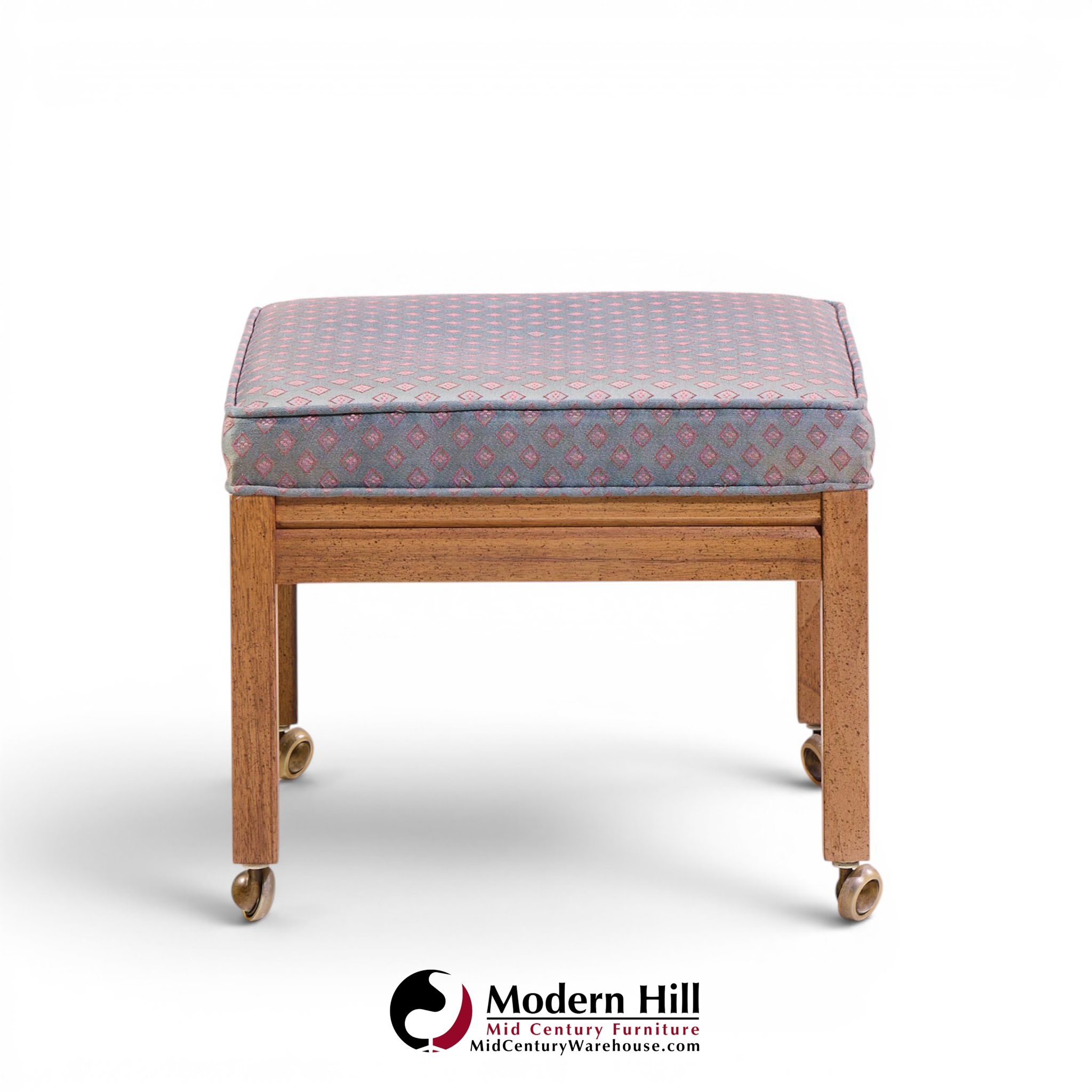 Founders Style Mid Century Oak Rolling Upholstered Stools - Pair