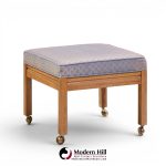 Founders Style Mid Century Oak Rolling Upholstered Stools - Pair