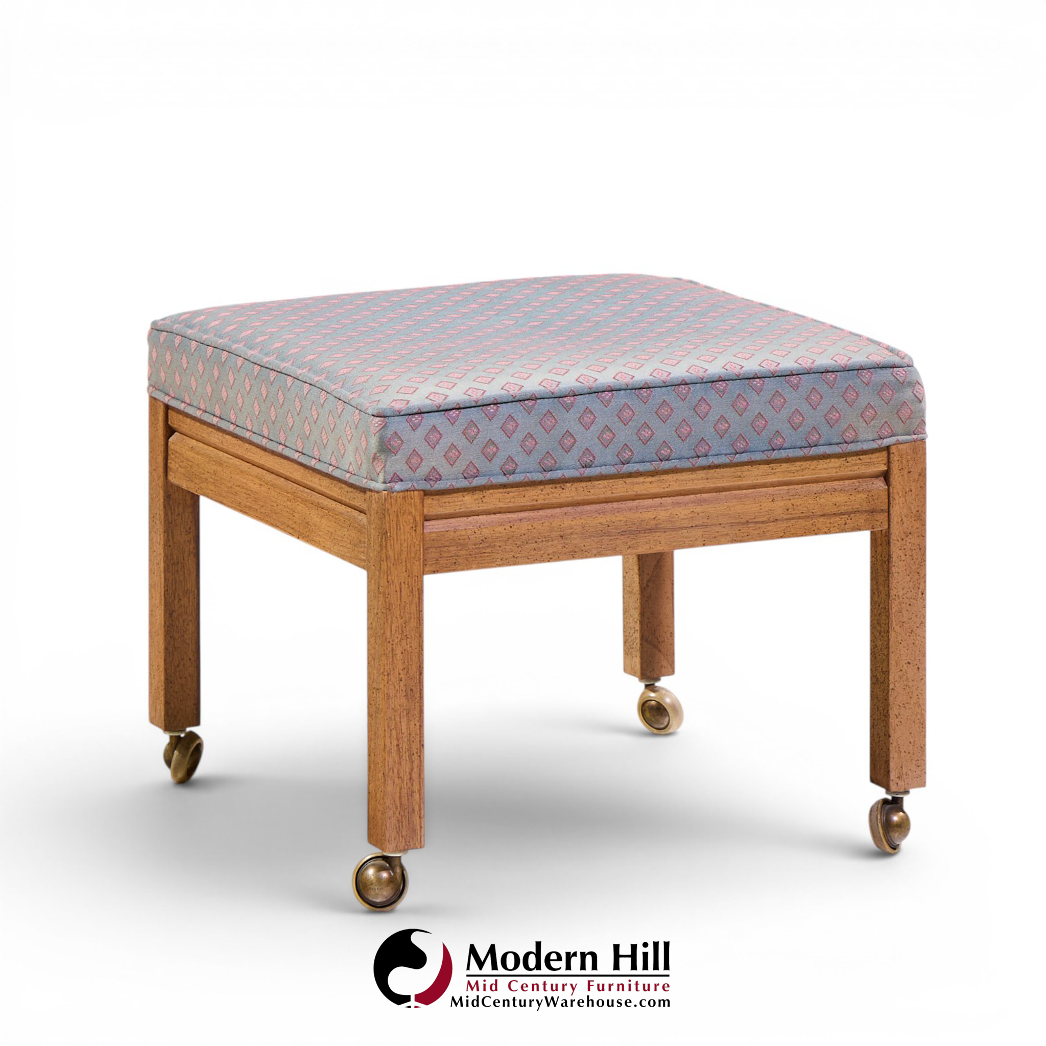 Founders Style Mid Century Oak Rolling Upholstered Stools - Pair