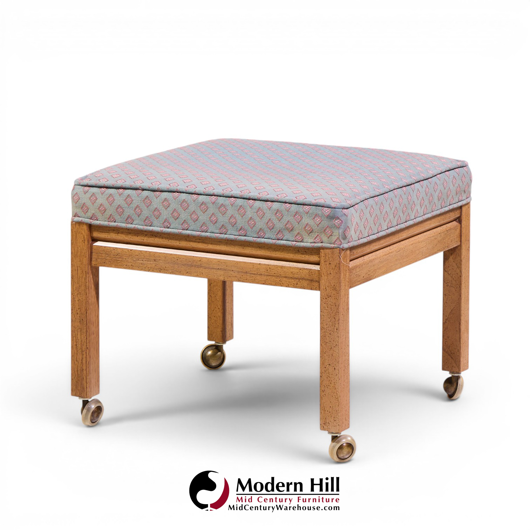 Founders Style Mid Century Oak Rolling Upholstered Stools - Pair