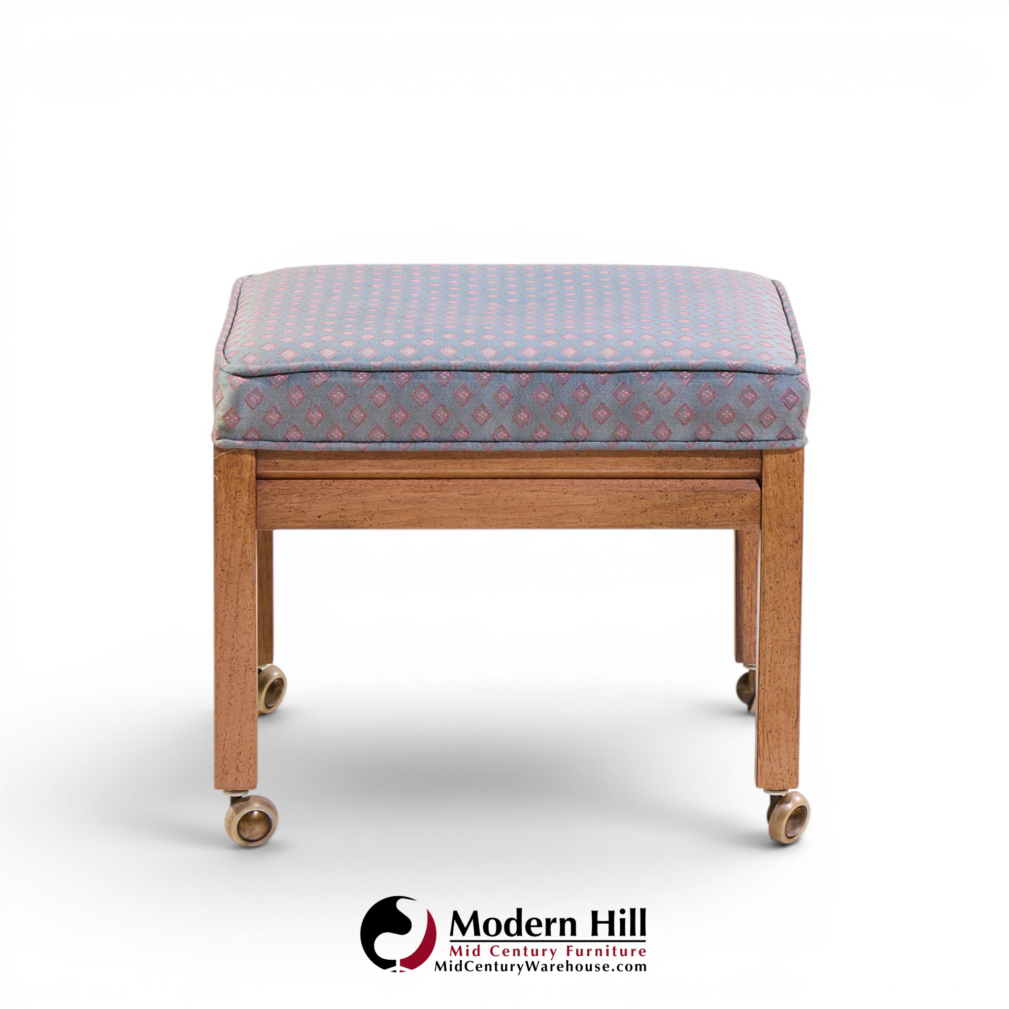 Founders Style Mid Century Oak Rolling Upholstered Stools - Pair