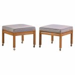 founders style mid century oak rolling upholstered stools - pair