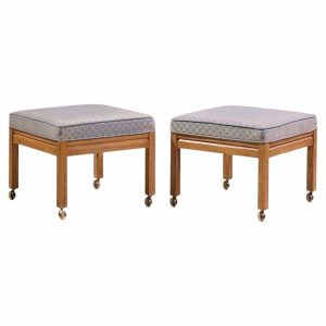 Founders Style Mid Century Oak Rolling Upholstered Stools - Pair