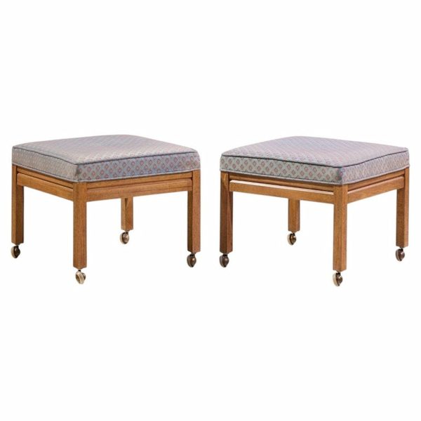 Founders Style Mid Century Oak Rolling Upholstered Stools - Pair