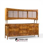 harold schwartz for romweber mid century burlwood and brass credenza and hutch