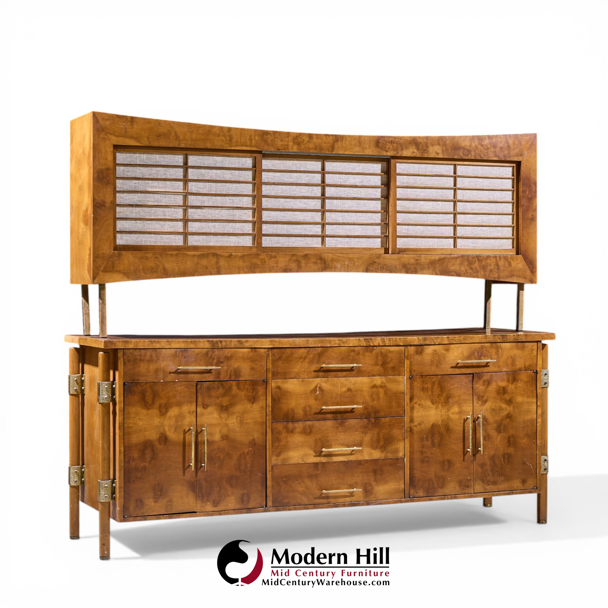 harold schwartz for romweber mid century burlwood and brass credenza and hutch