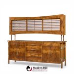 harold schwartz for romweber mid century burlwood and brass credenza and hutch