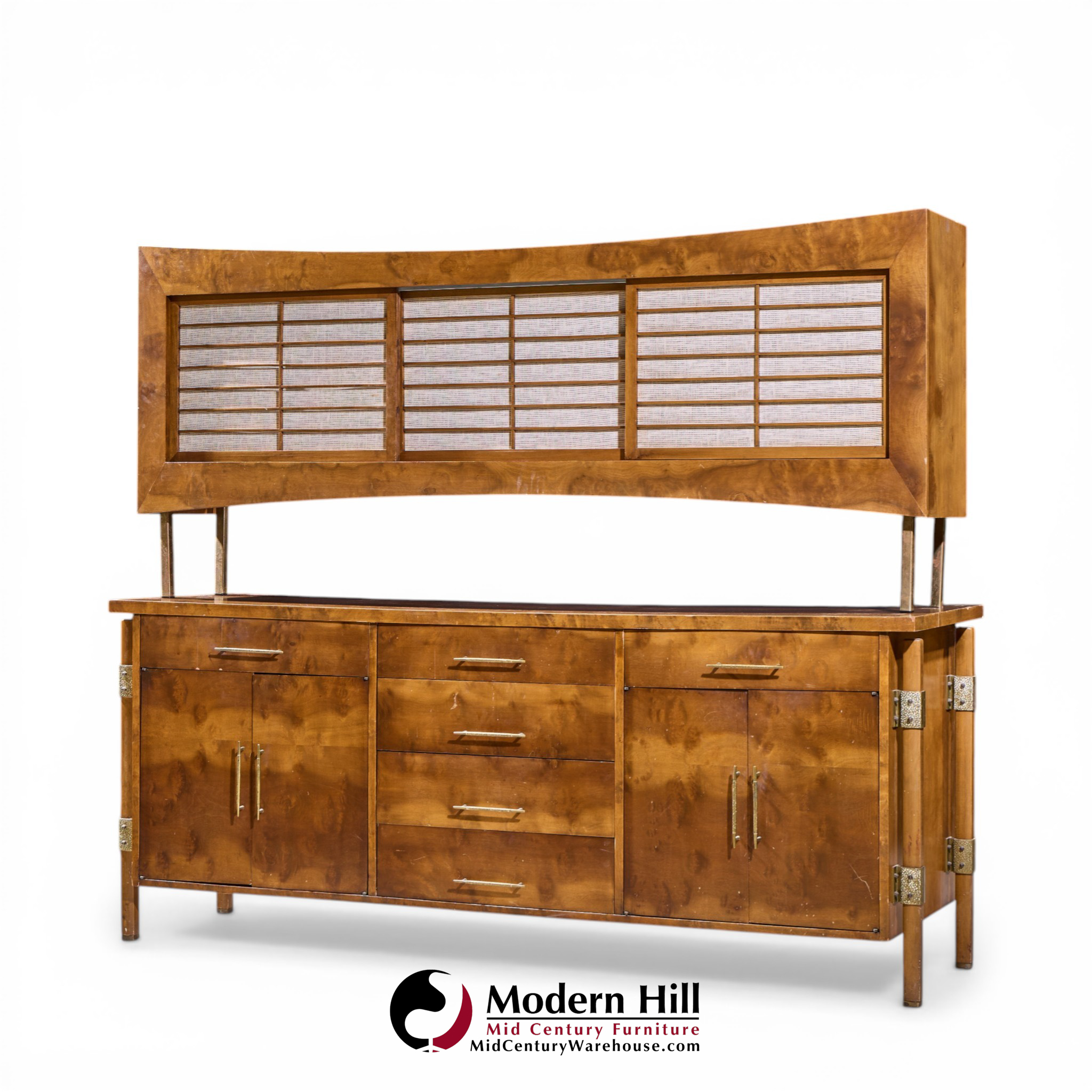 harold schwartz for romweber mid century burlwood and brass credenza and hutch