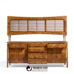 harold schwartz for romweber mid century burlwood and brass credenza and hutch