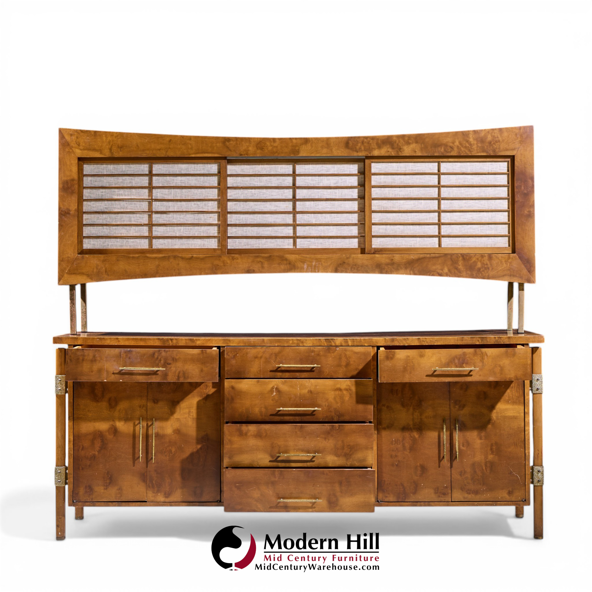 harold schwartz for romweber mid century burlwood and brass credenza and hutch