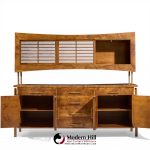 harold schwartz for romweber mid century burlwood and brass credenza and hutch
