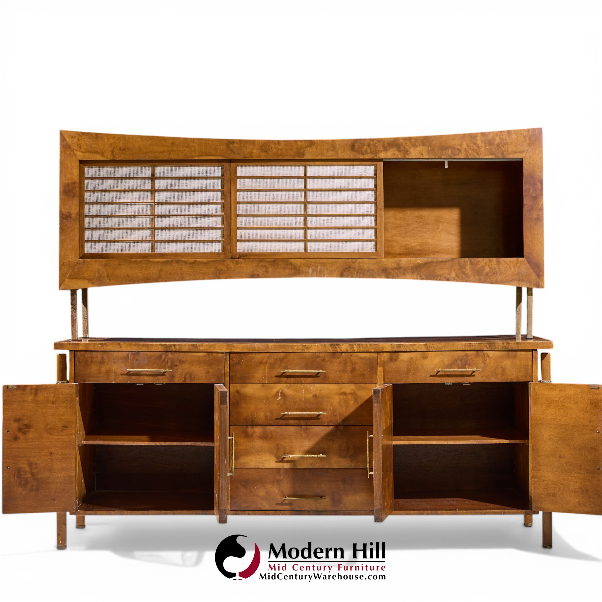 harold schwartz for romweber mid century burlwood and brass credenza and hutch