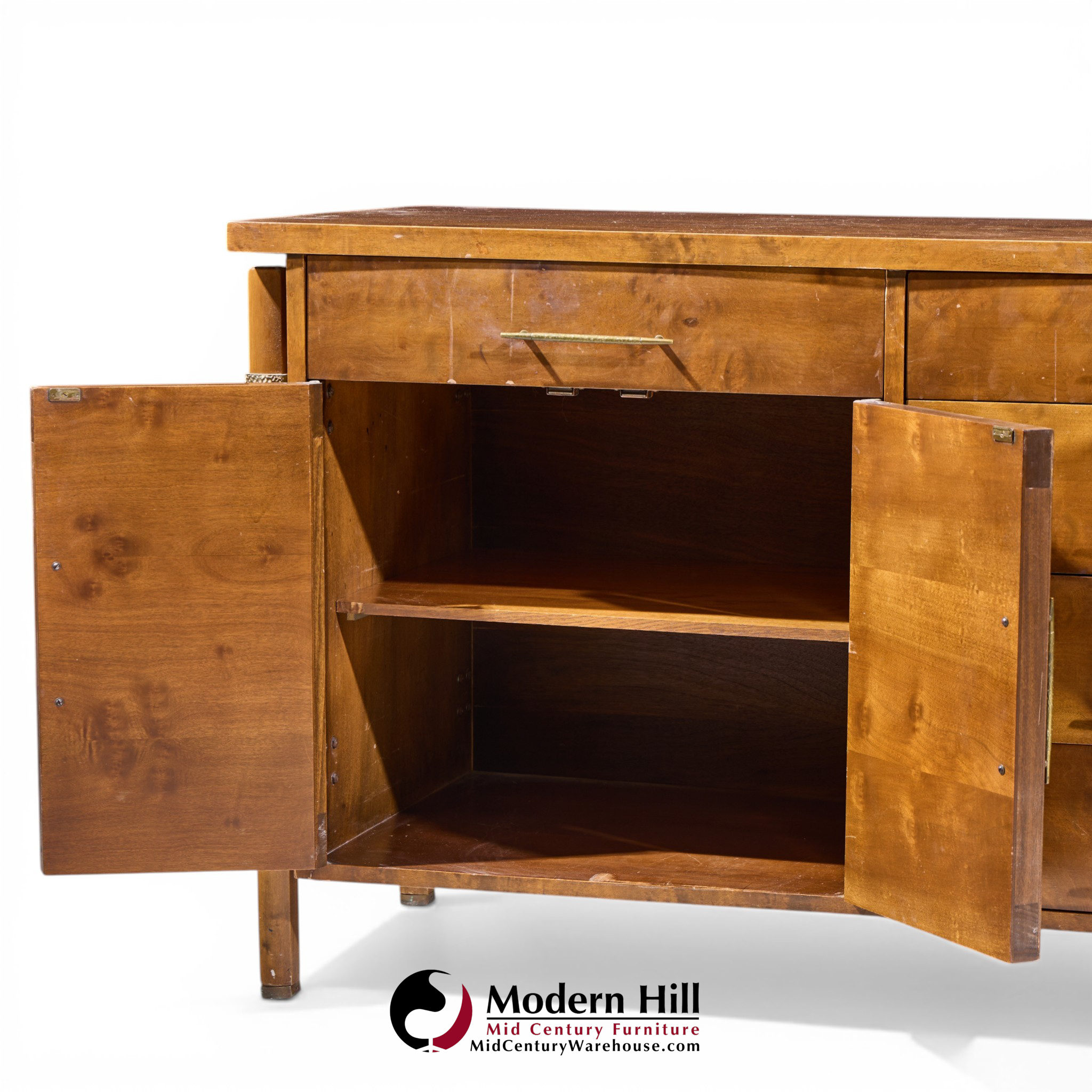 harold schwartz for romweber mid century burlwood and brass credenza and hutch
