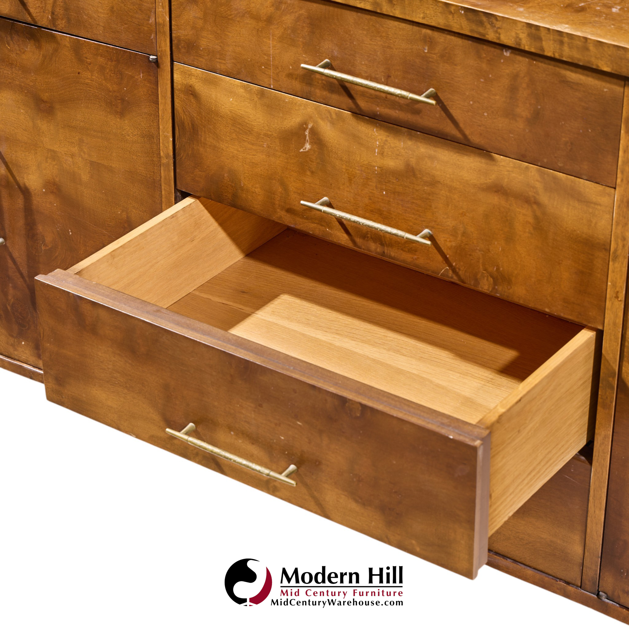 harold schwartz for romweber mid century burlwood and brass credenza and hutch