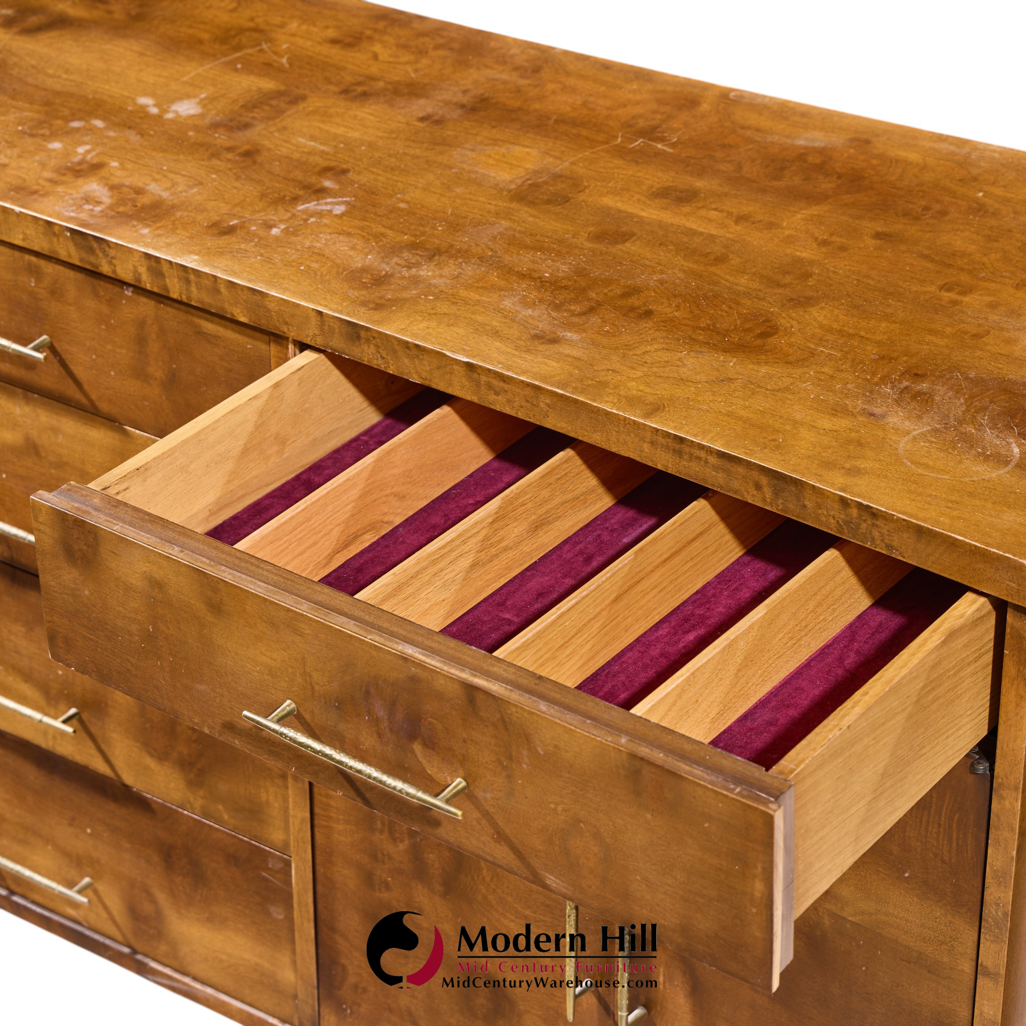 harold schwartz for romweber mid century burlwood and brass credenza and hutch