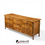 harold schwartz for romweber mid century burlwood and brass credenza and hutch