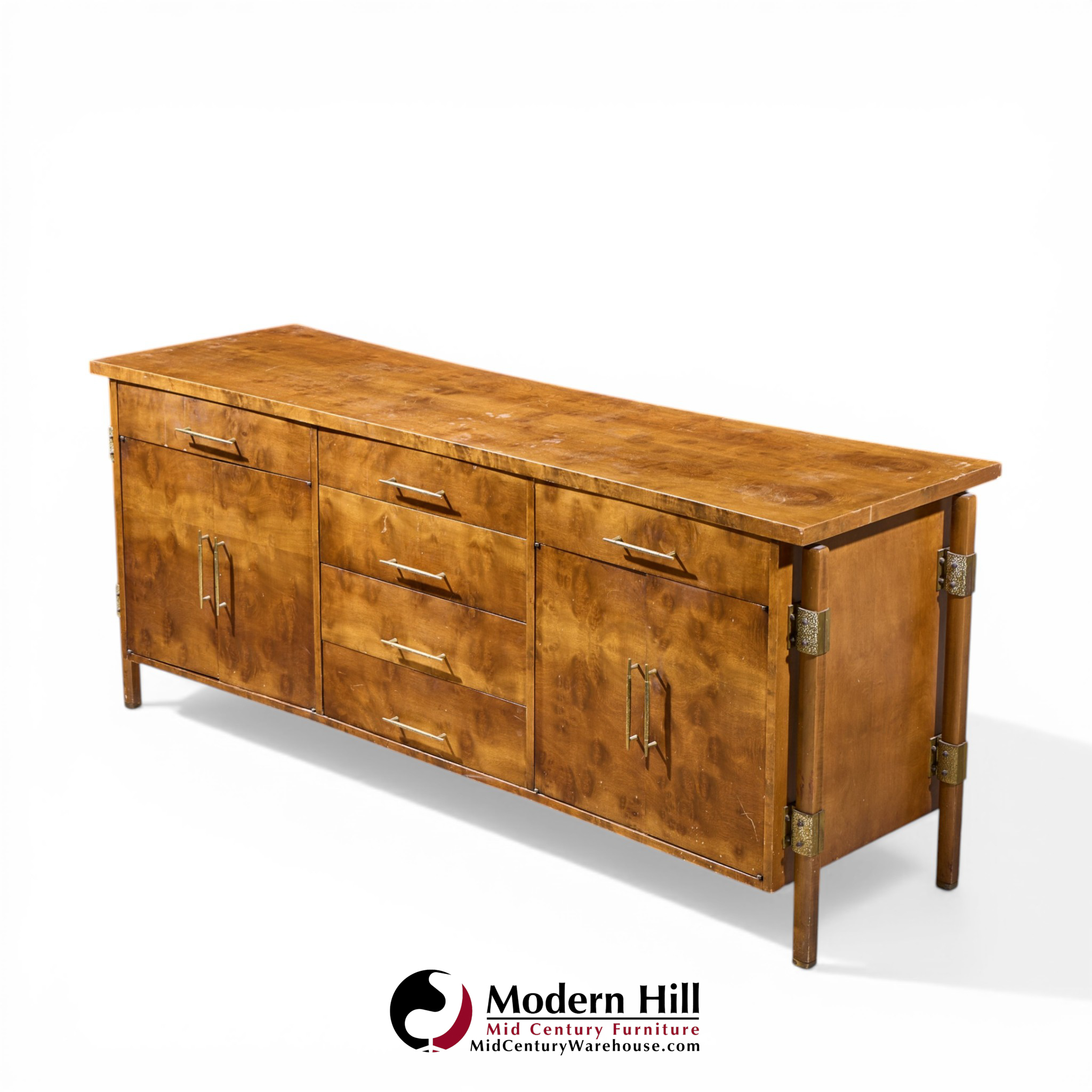 harold schwartz for romweber mid century burlwood and brass credenza and hutch