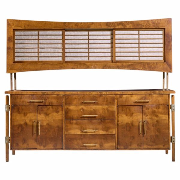 Harold Schwartz for Romweber Mid Century Burlwood and Brass Credenza and Hutch
