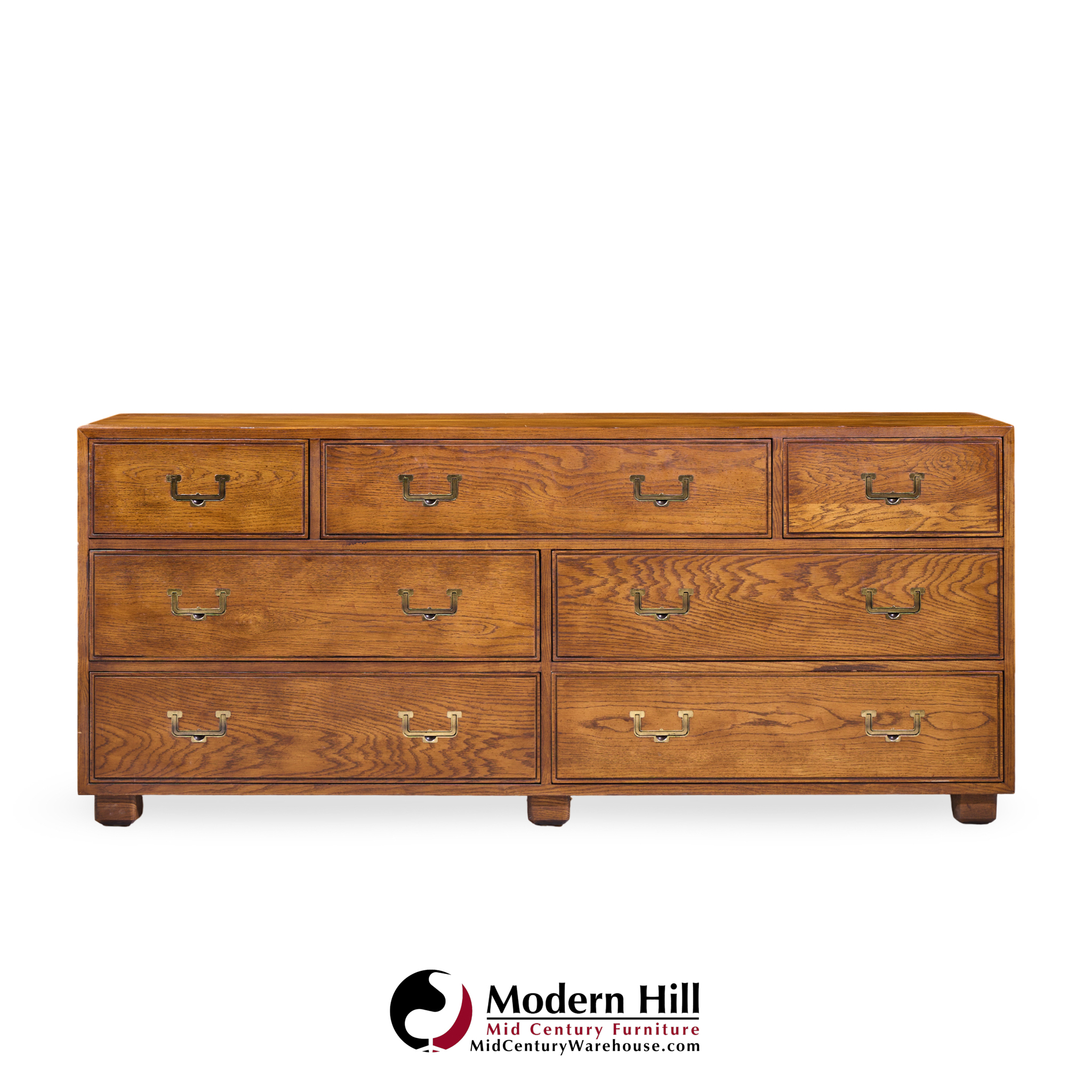 Henredon Campaign Mid Century Oak and Brass Lowboy Dresser
