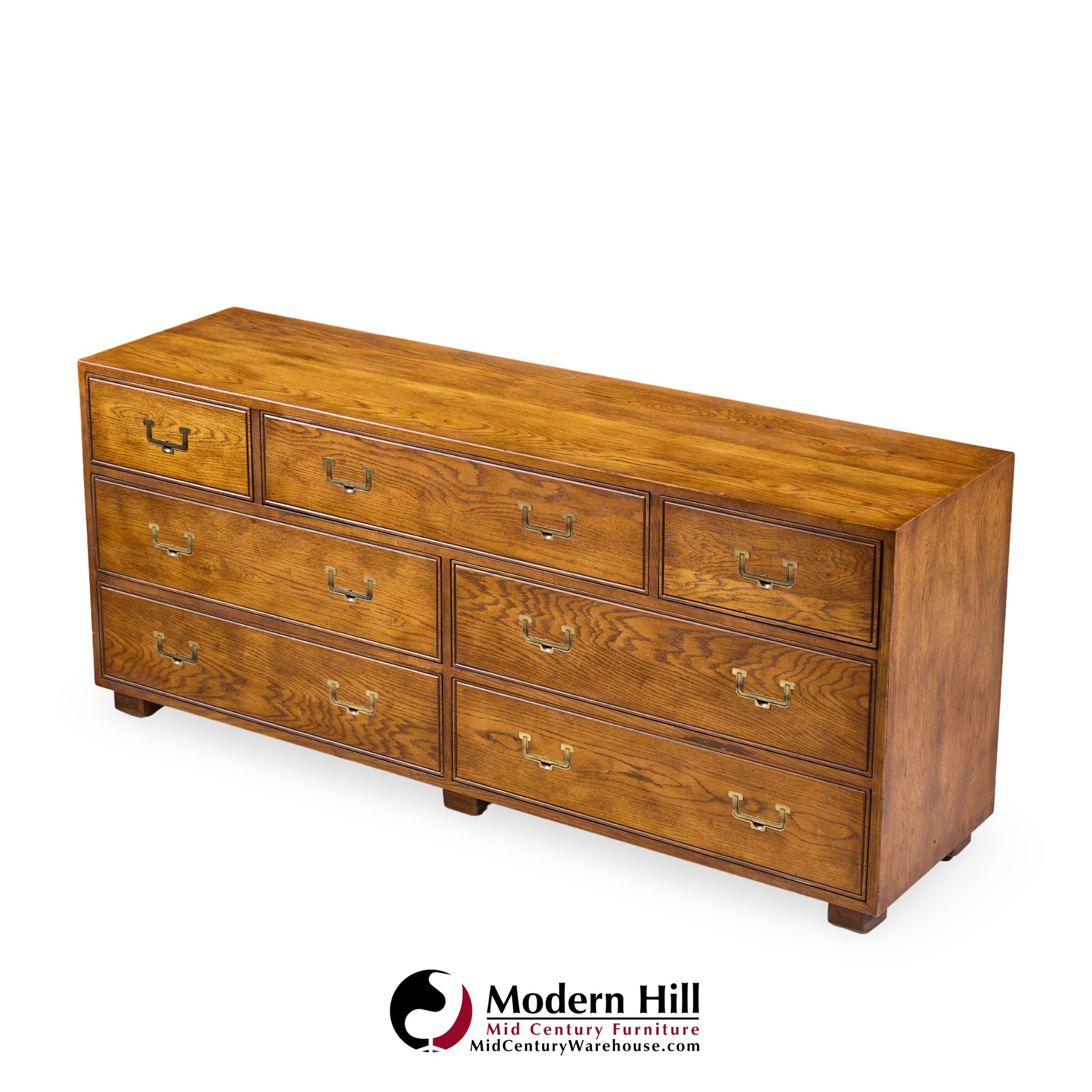 Henredon Campaign Mid Century Oak and Brass Lowboy Dresser