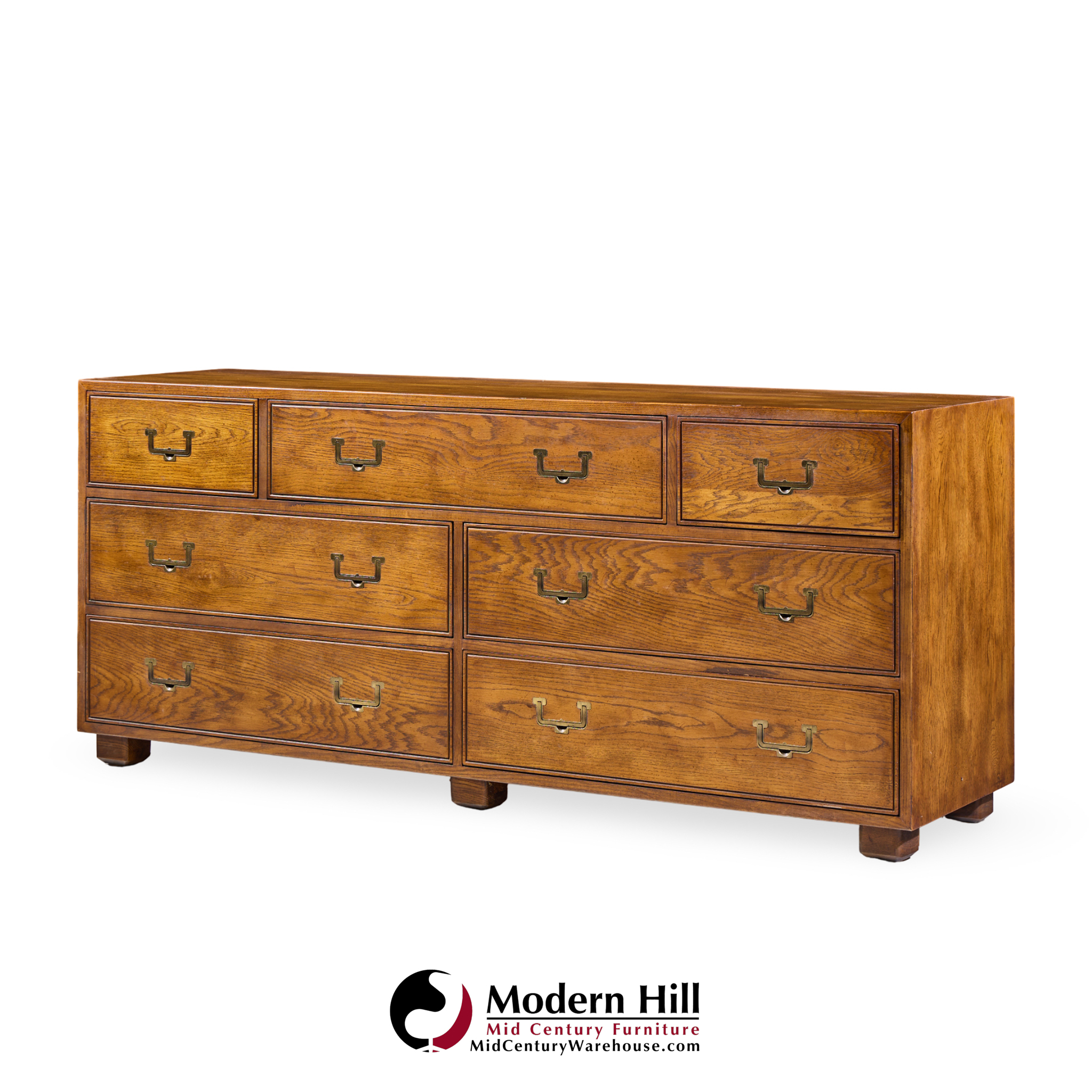 Henredon Campaign Mid Century Oak and Brass Lowboy Dresser
