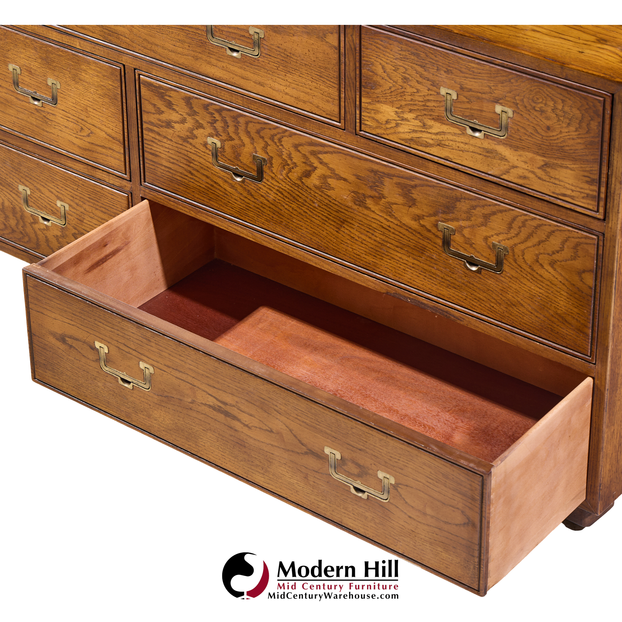 Henredon Campaign Mid Century Oak and Brass Lowboy Dresser