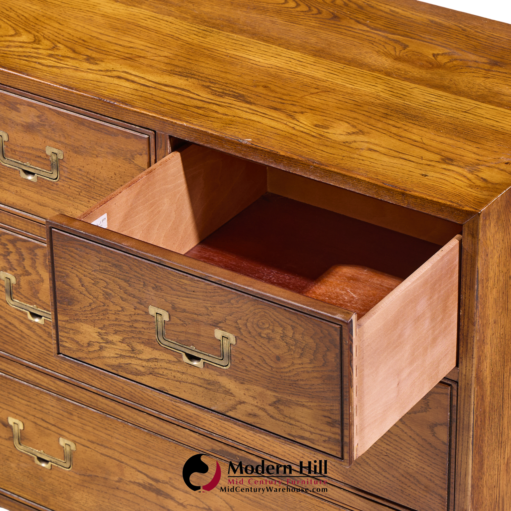 Henredon Campaign Mid Century Oak and Brass Lowboy Dresser