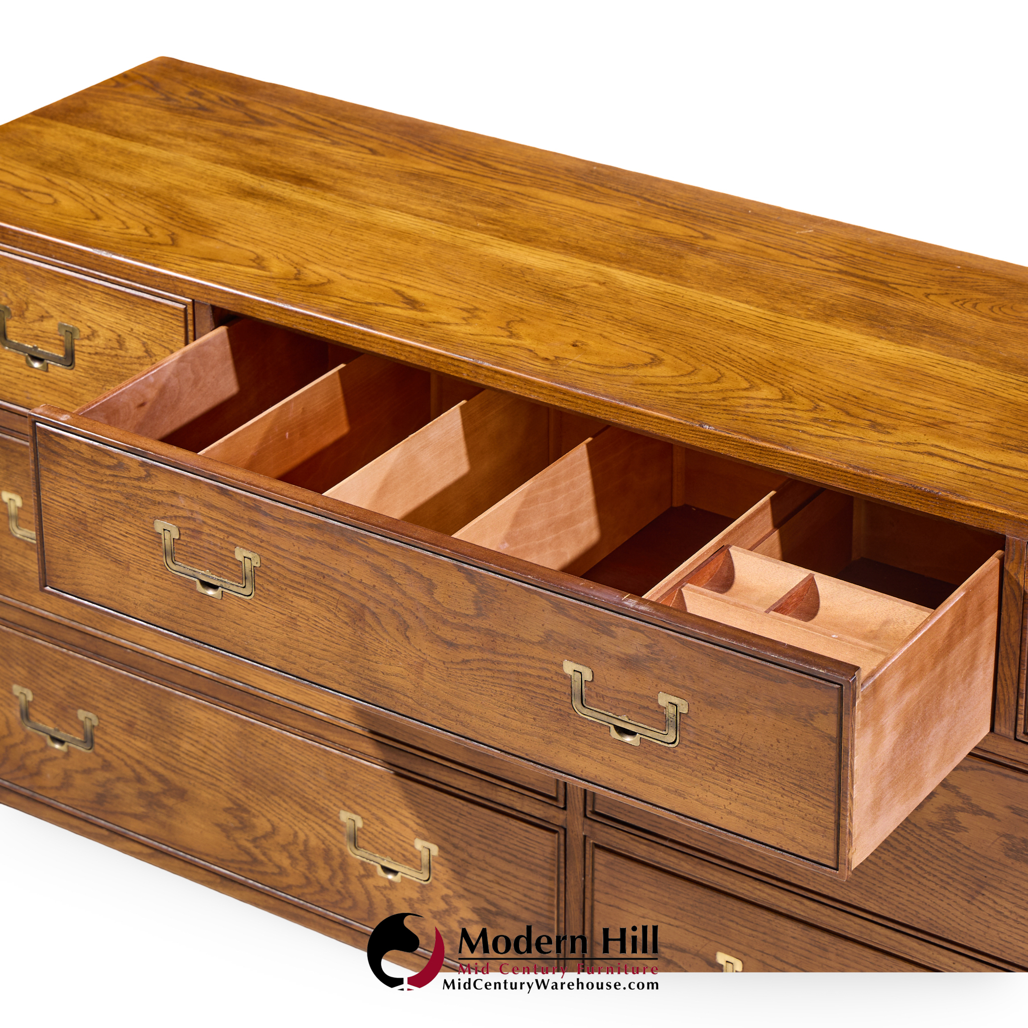 Henredon Campaign Mid Century Oak and Brass Lowboy Dresser