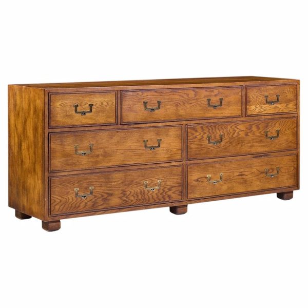 Henredon Campaign Mid Century Oak and Brass Lowboy Dresser