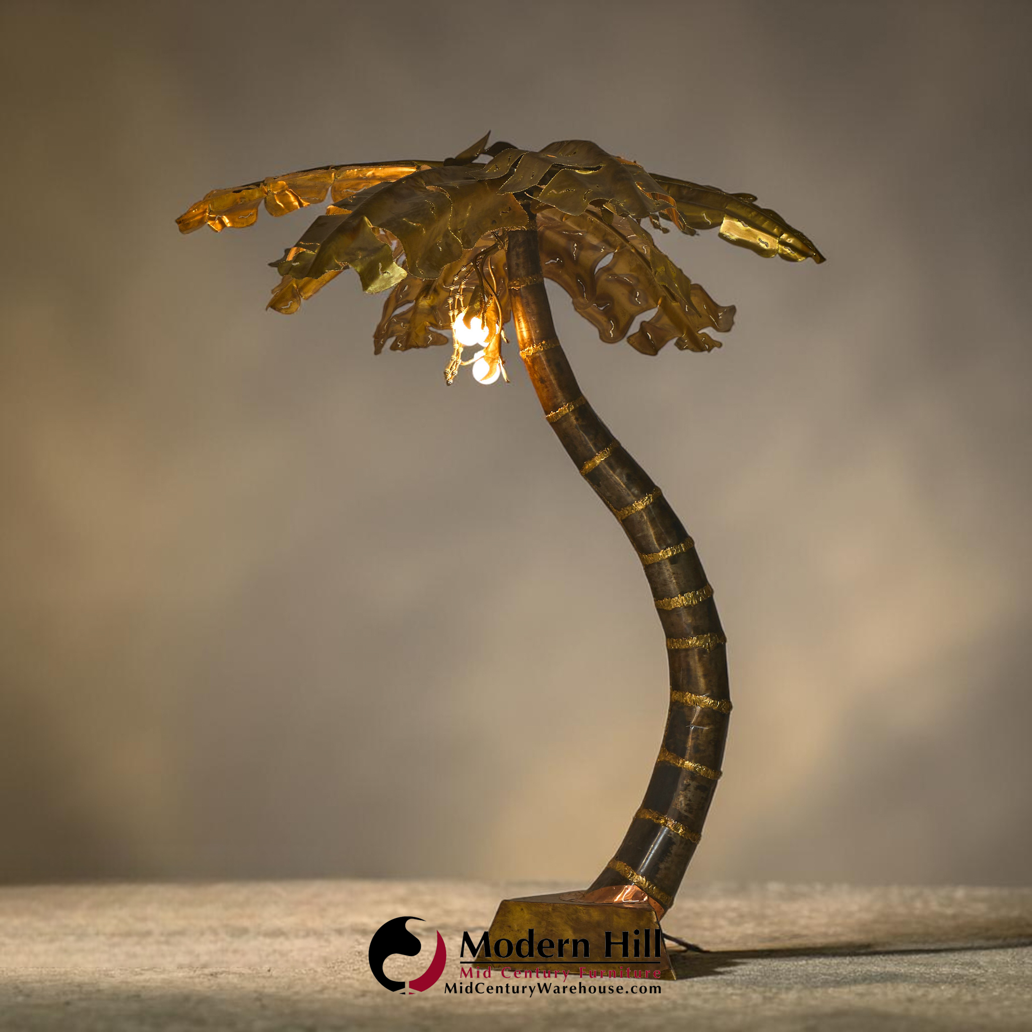 Henri Fernandez Brutalist Grande Palma Brass Palm Tree Sculpture Lamp