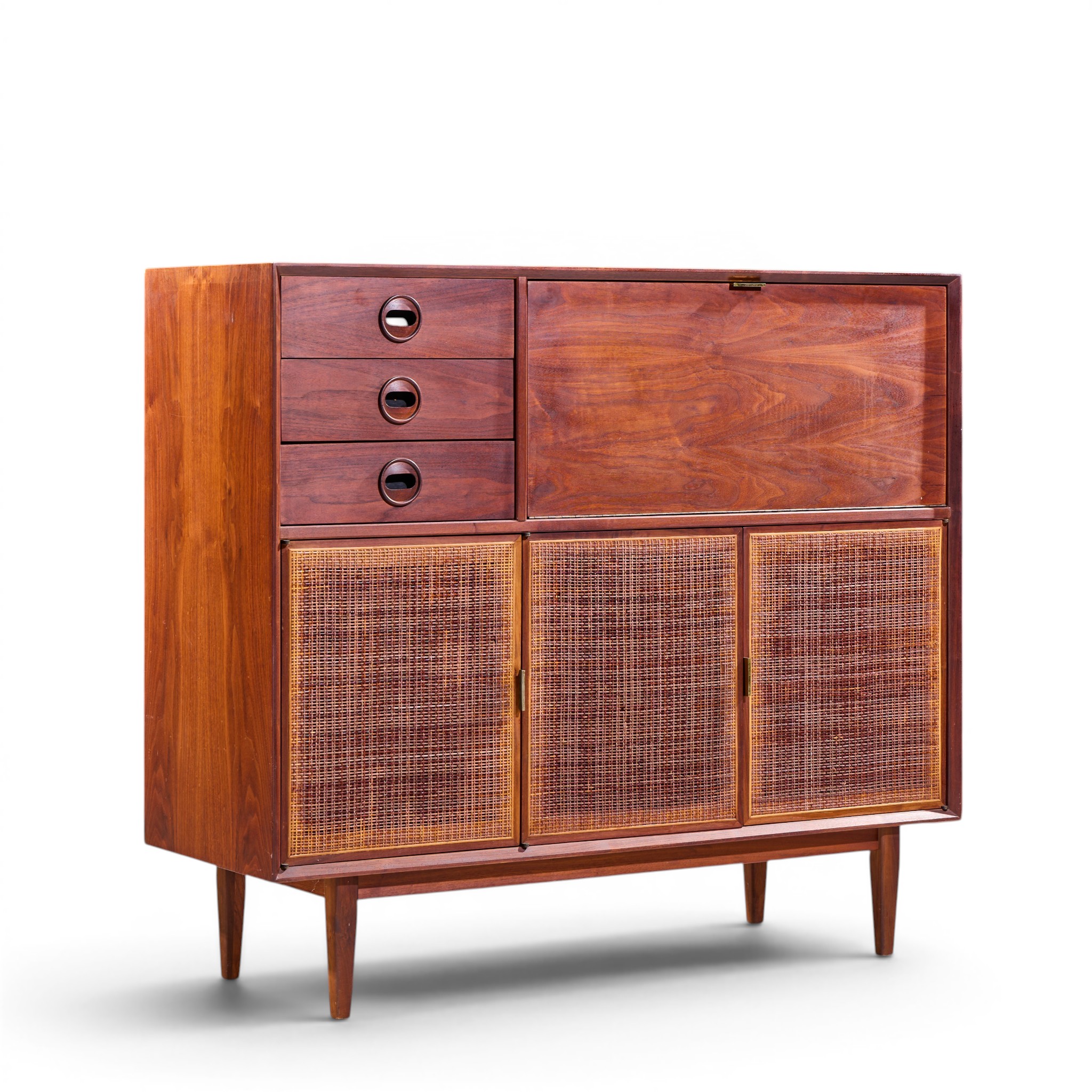 Jack Cartwright for Founders Mid Century Walnut and Cane Bar Cabinet | Mid Century Modern Furniture - Mid Century Furniture Chicago Jack Cartwright for Founders Mid Century Walnut and Cane Bar Cabinet