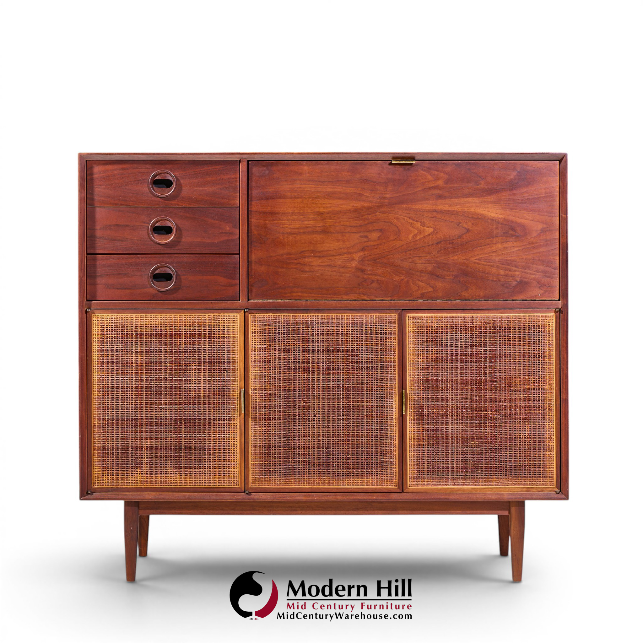 Jack Cartwright for Founders Mid Century Walnut and Cane Bar Cabinet | Mid Century Modern Furniture - Mid Century Furniture Chicago Jack Cartwright for Founders Mid Century Walnut and Cane Bar Cabinet