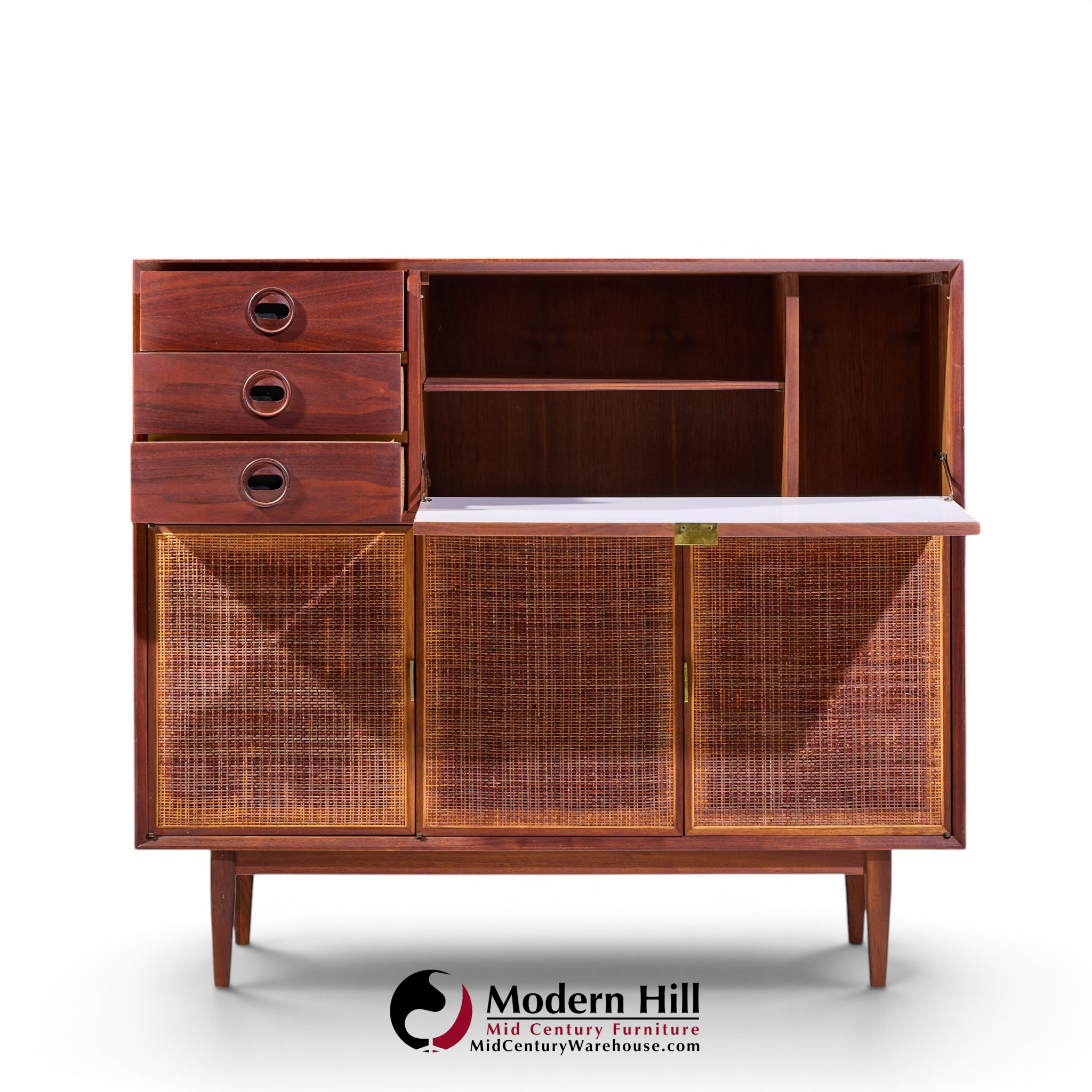 Jack Cartwright for Founders Mid Century Walnut and Cane Bar Cabinet | Mid Century Modern Furniture - Mid Century Furniture Chicago Jack Cartwright for Founders Mid Century Walnut and Cane Bar Cabinet