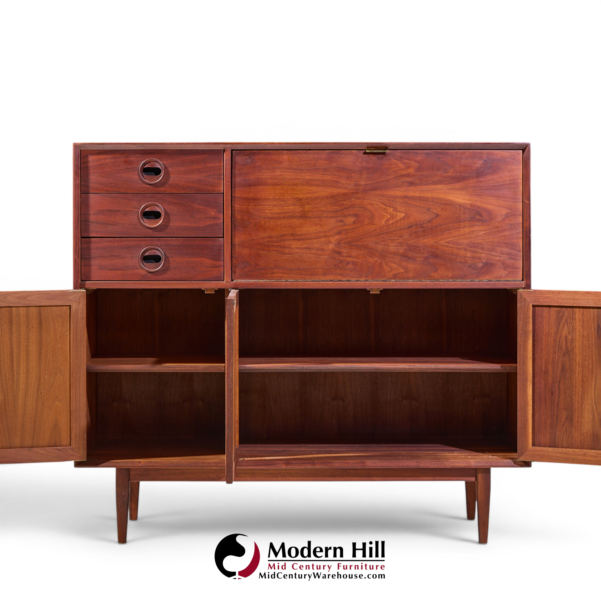 Jack Cartwright for Founders Mid Century Walnut and Cane Bar Cabinet | Mid Century Modern Furniture - Mid Century Furniture Chicago Jack Cartwright for Founders Mid Century Walnut and Cane Bar Cabinet