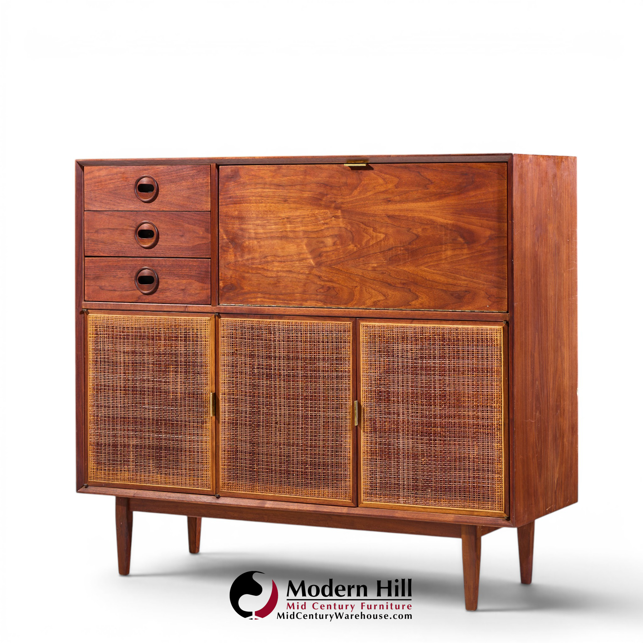 Jack Cartwright for Founders Mid Century Walnut and Cane Bar Cabinet | Mid Century Modern Furniture - Mid Century Furniture Chicago Jack Cartwright for Founders Mid Century Walnut and Cane Bar Cabinet