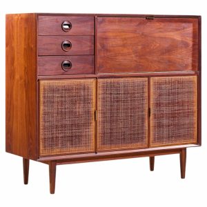 Jack Cartwright for Founders Mid Century Walnut and Cane Bar Cabinet