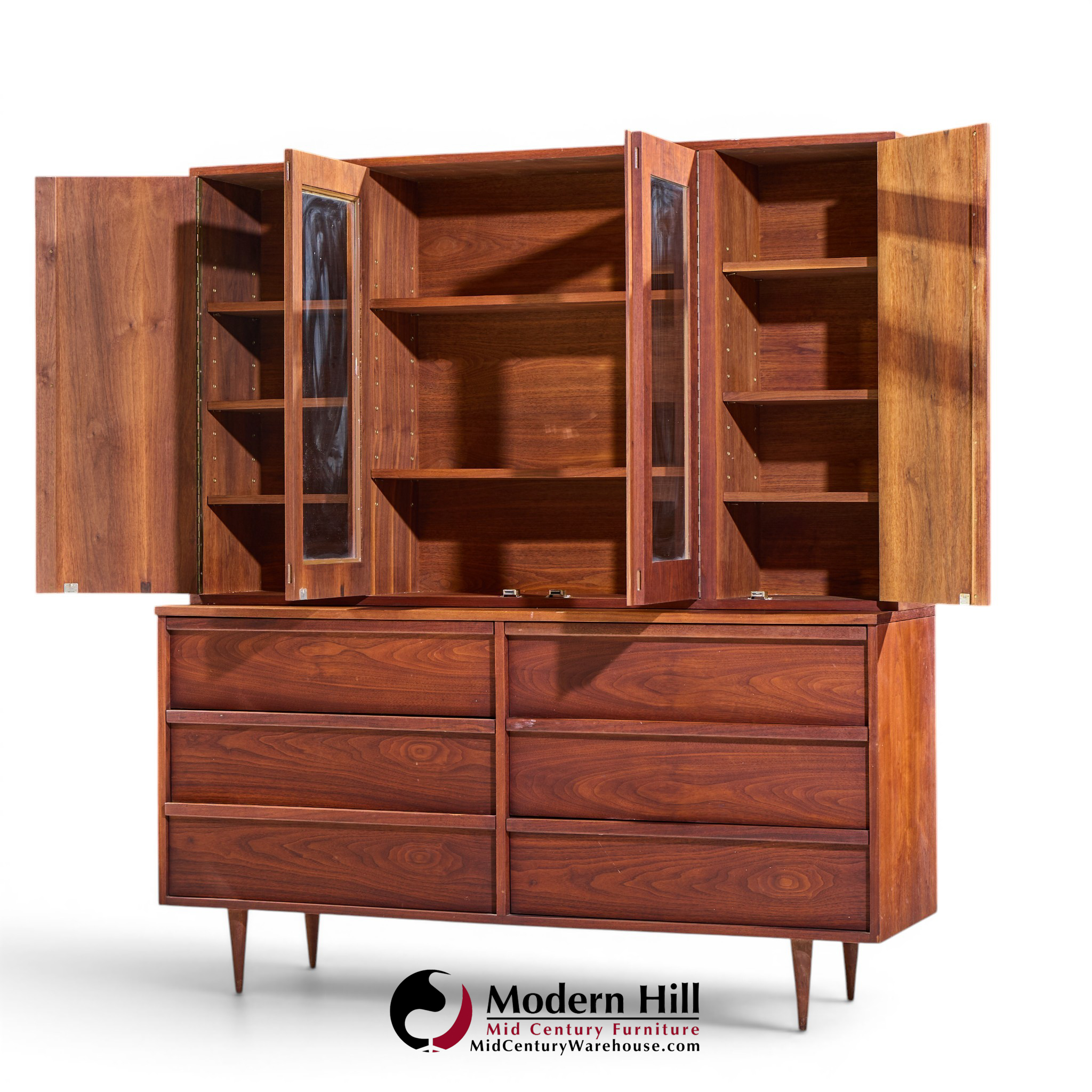 Jack Cartwright for Founders Style Mid Century Walnut Credenza with Hutch