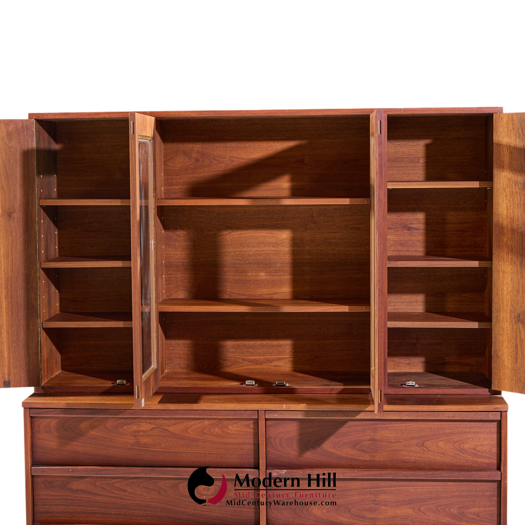 Jack Cartwright for Founders Style Mid Century Walnut Credenza with Hutch