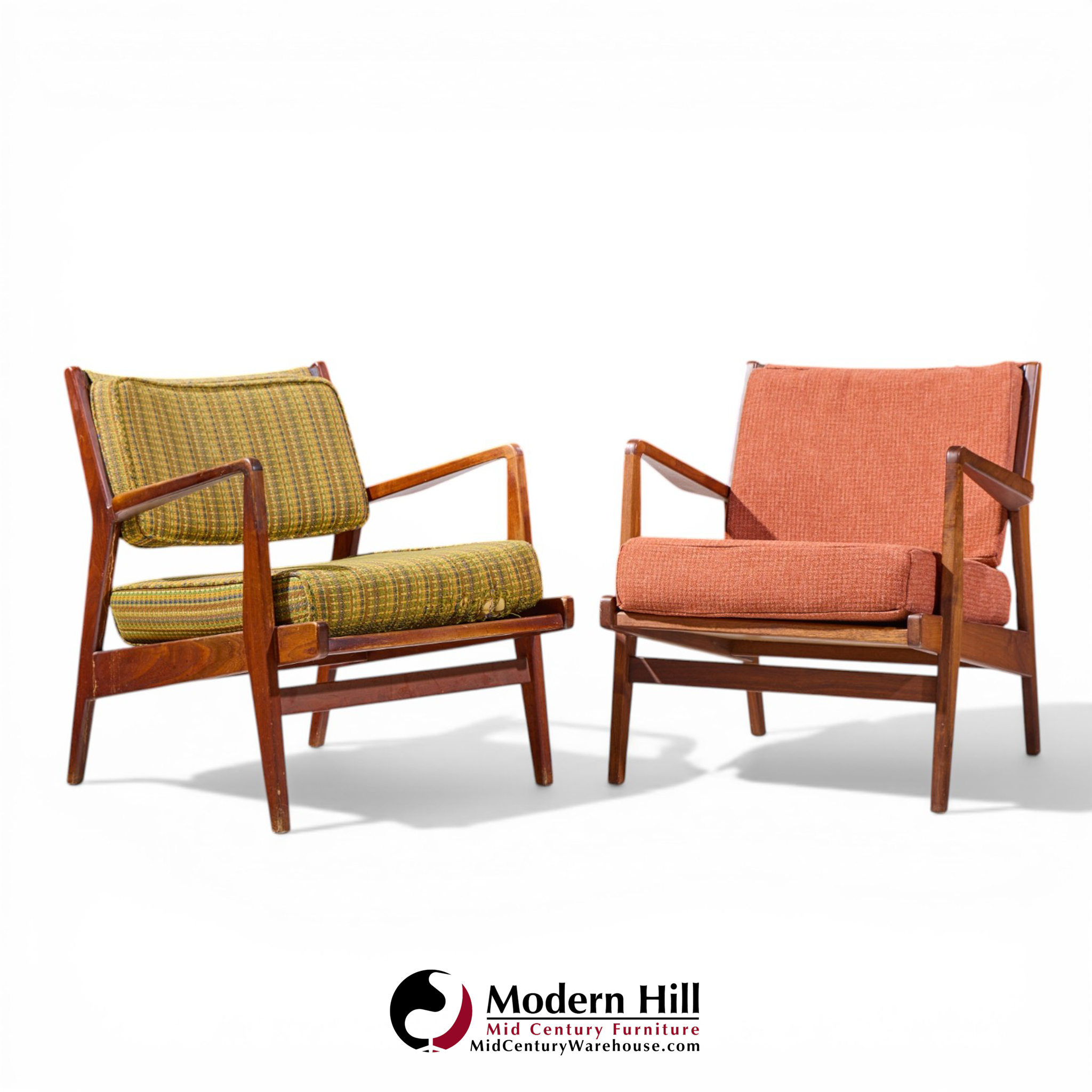 Jens Risom Mid Century Walnut Lounge Chairs - Pair