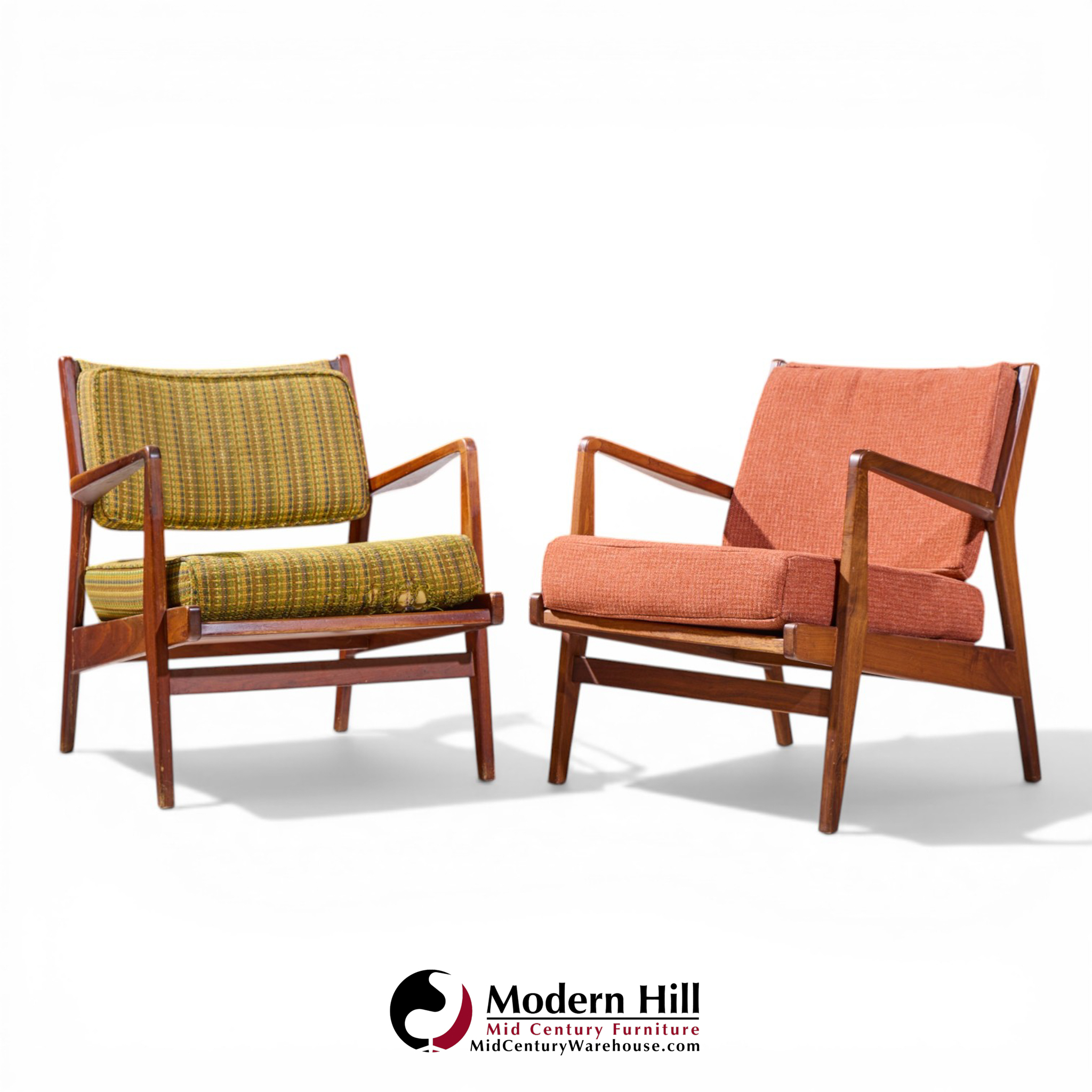 Jens Risom Mid Century Walnut Lounge Chairs - Pair