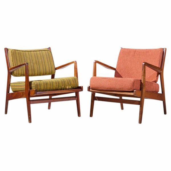 Jens Risom Mid Century Walnut Lounge Chairs - Pair