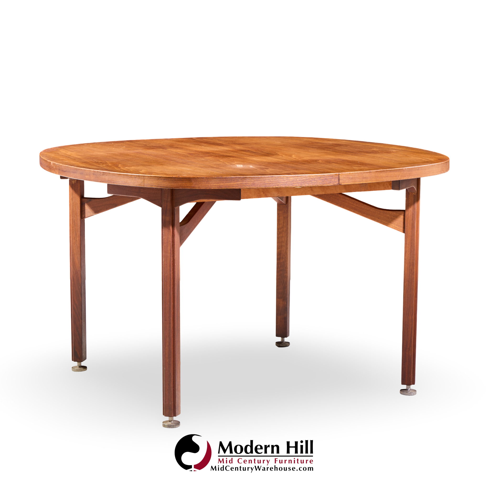 jens risom mid century walnut round expanding dining table with 3 leaves