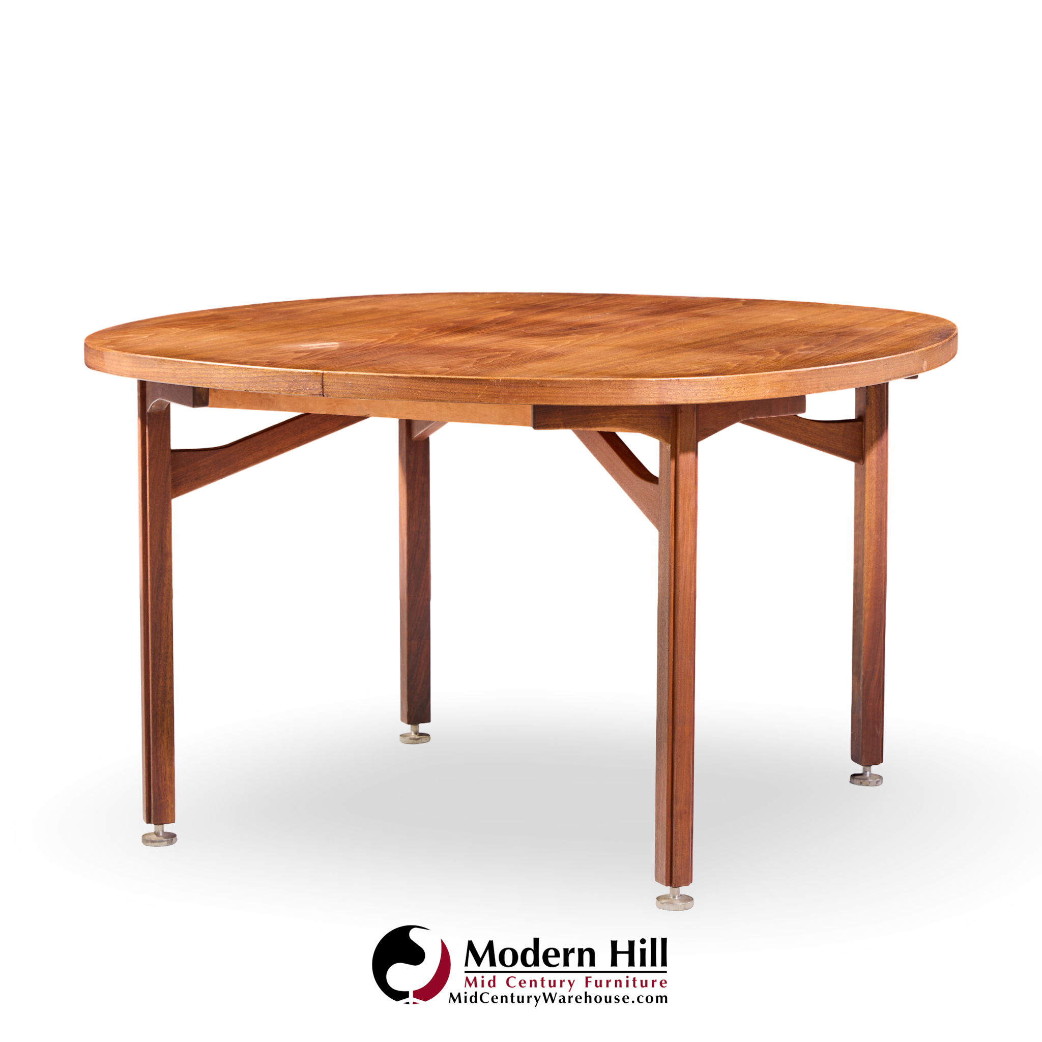 jens risom mid century walnut round expanding dining table with 3 leaves